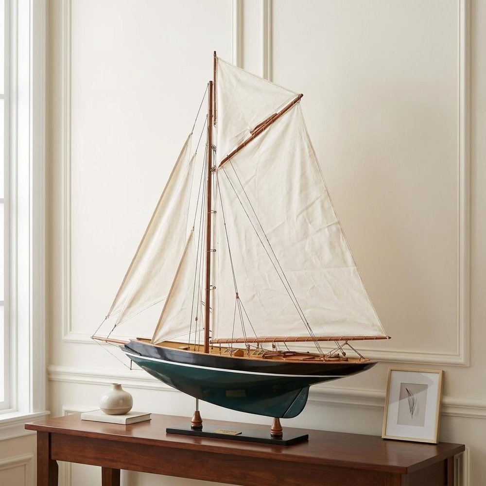 31" Black Blue And White Solid Wood Pen Duick Hand Painted Model Sail Boat