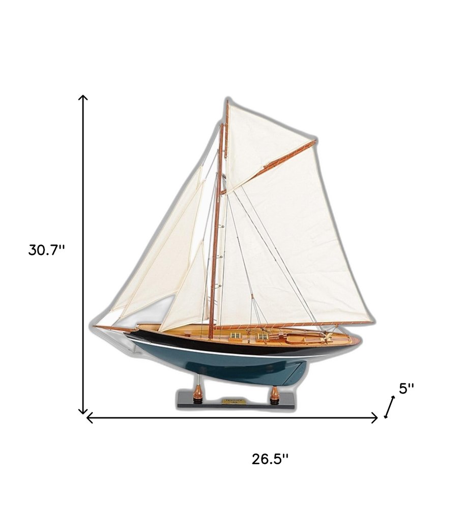 31" Black Blue And White Solid Wood Pen Duick Hand Painted Model Sail Boat
