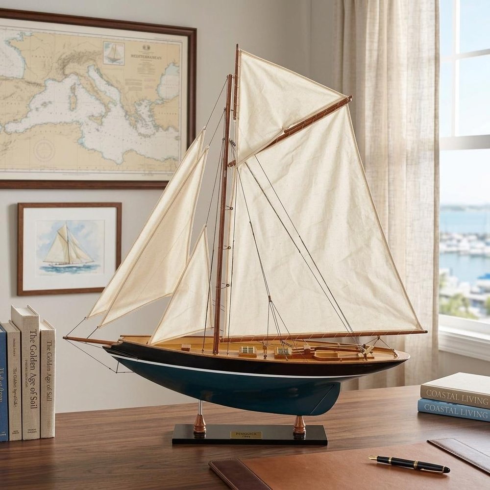 31" Black Blue And White Solid Wood Pen Duick Hand Painted Model Sail Boat