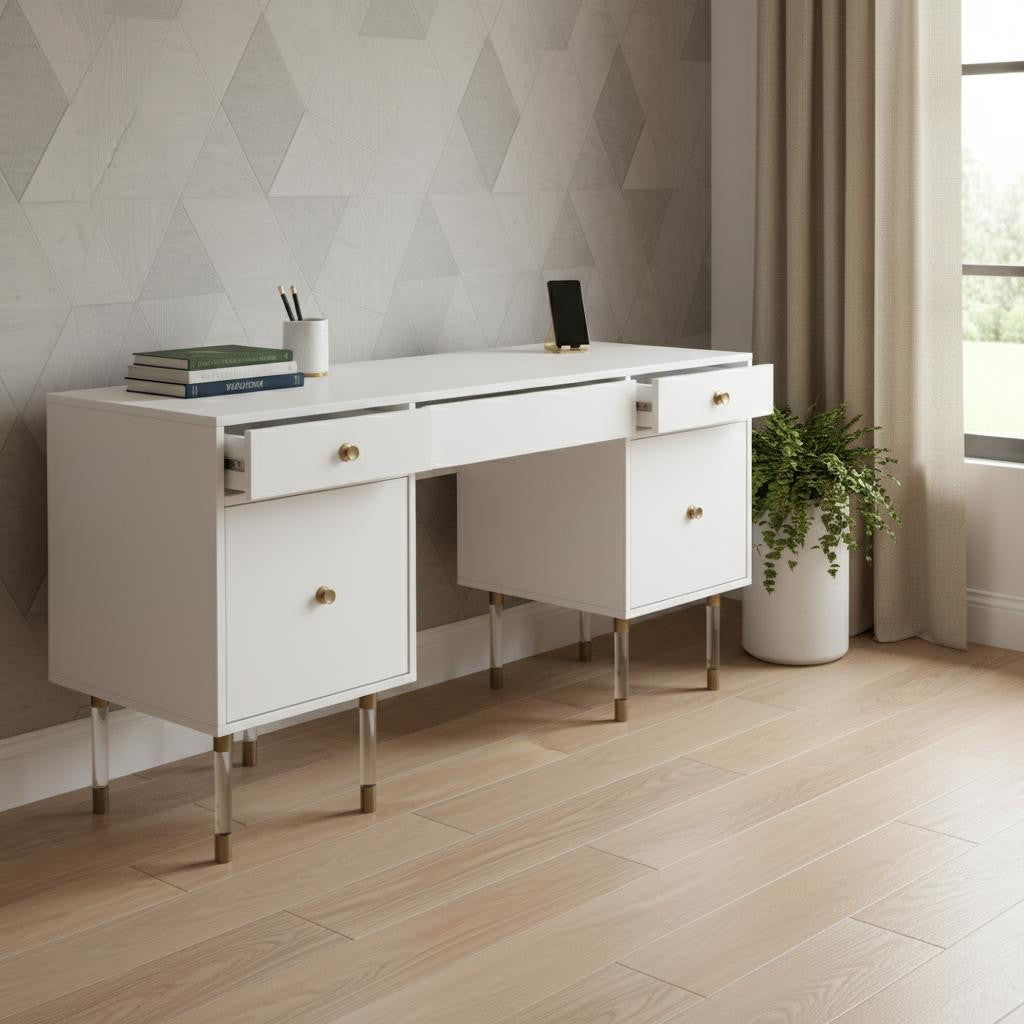 55" White Writing Desk With Four Drawers