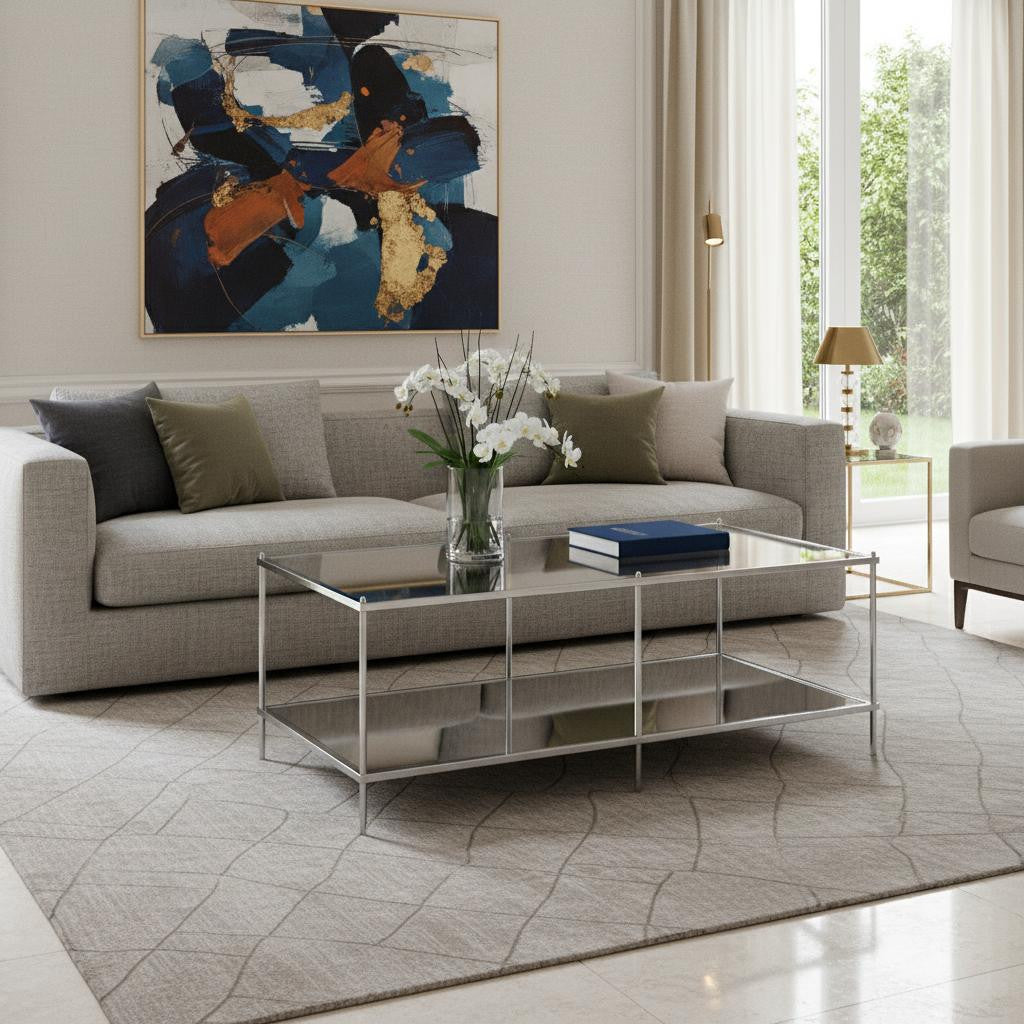 42" Chrome Glass And Metal Rectangular Mirrored Coffee Table