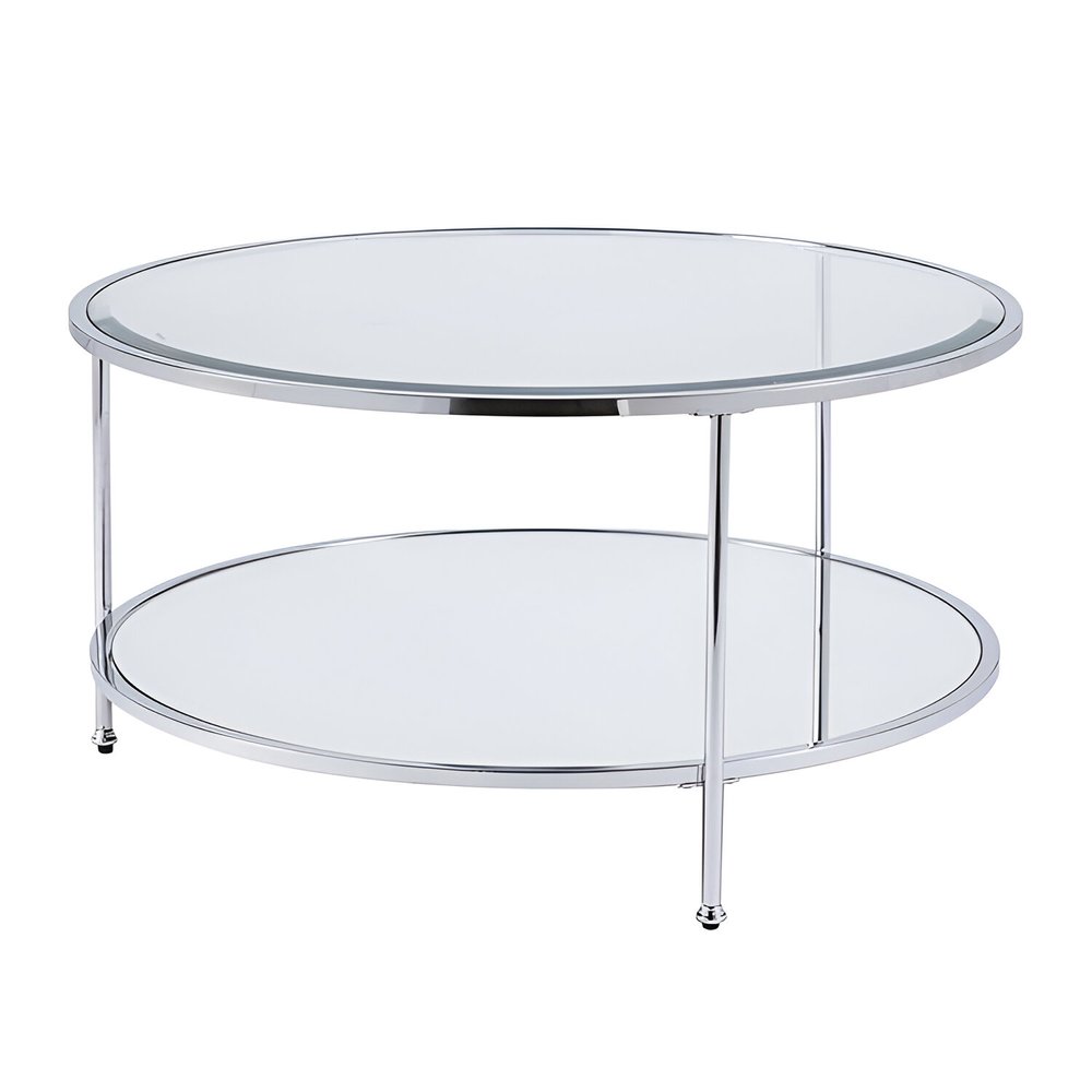 34" Chrome Glass And Metal Round Mirrored Coffee Table