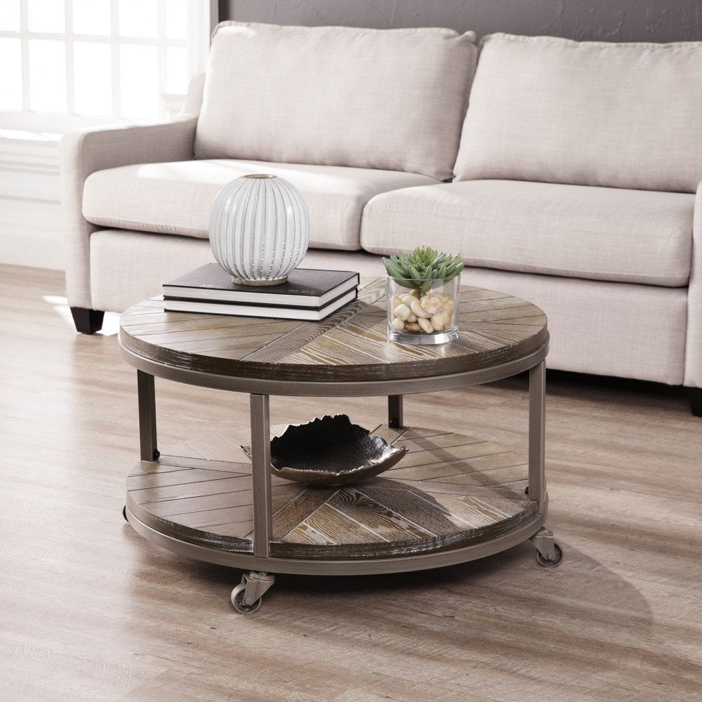 32" Brown Wood And Iron With Iron Round Distressed Coffee Table