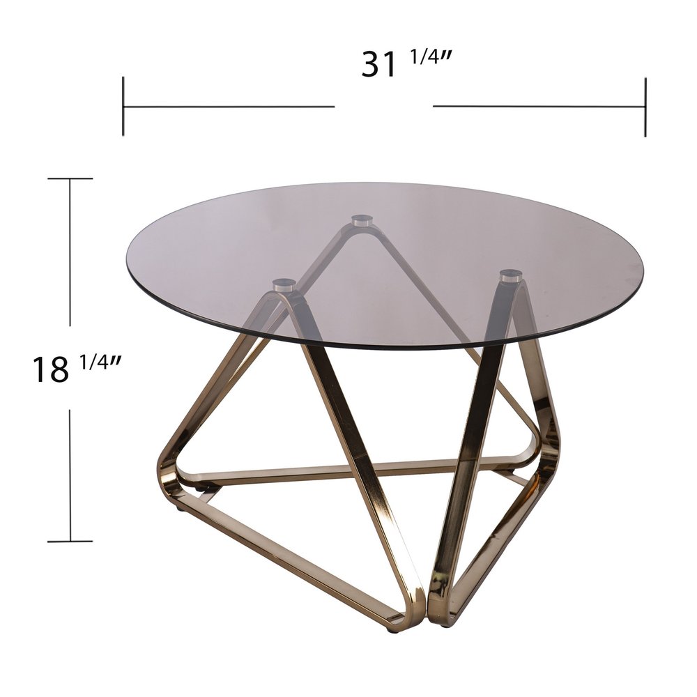 31" Smoky Black and Gold Glass and Metal Round Coffee Table
