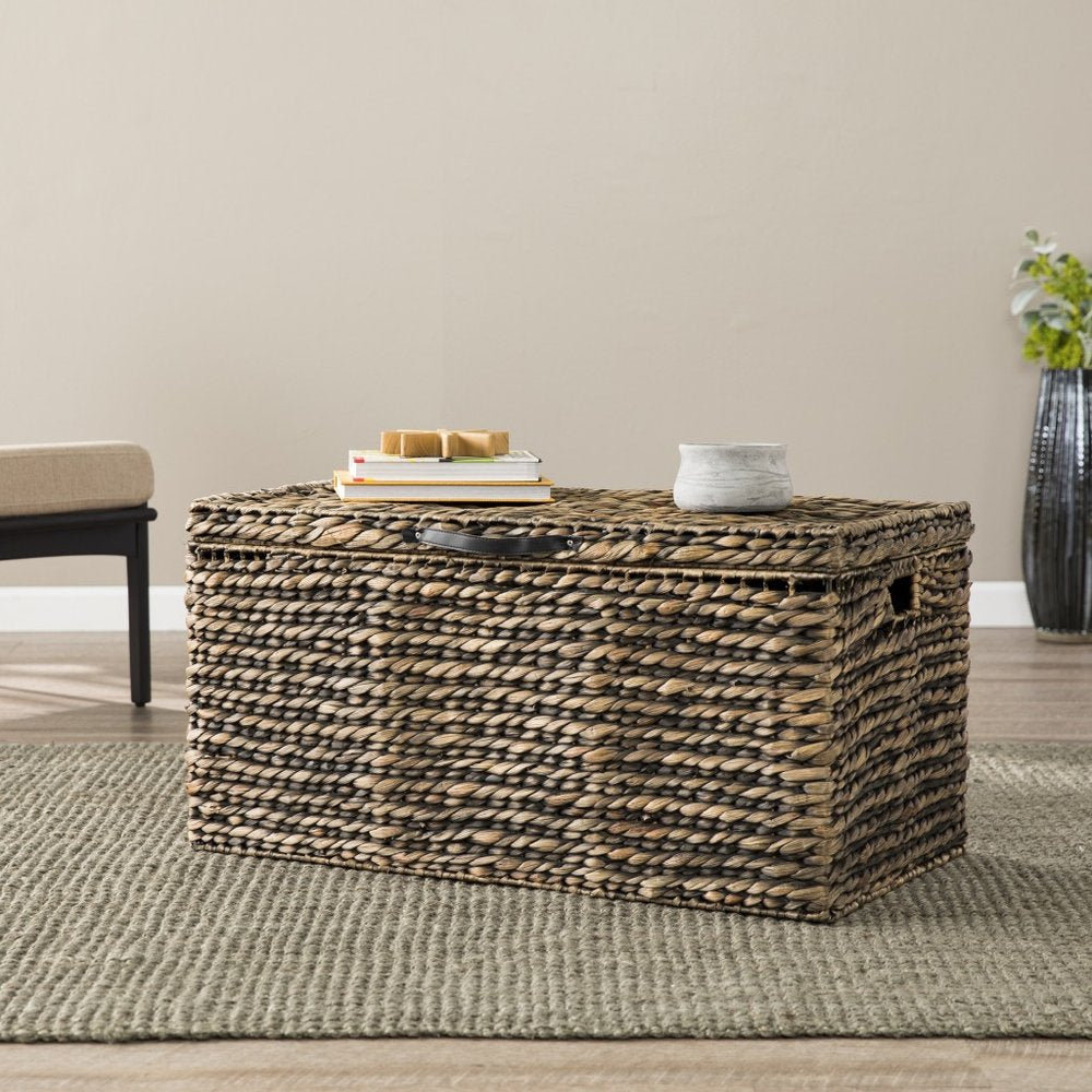33" Brown Wicker and Iron Square Lift Top Solid Trunk Coffee Table