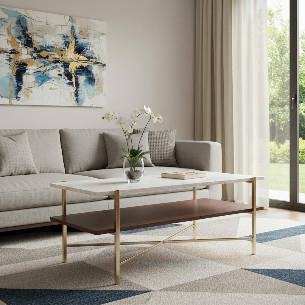 47" Brass Manufactured Wood And Metal Rectangular Coffee Table