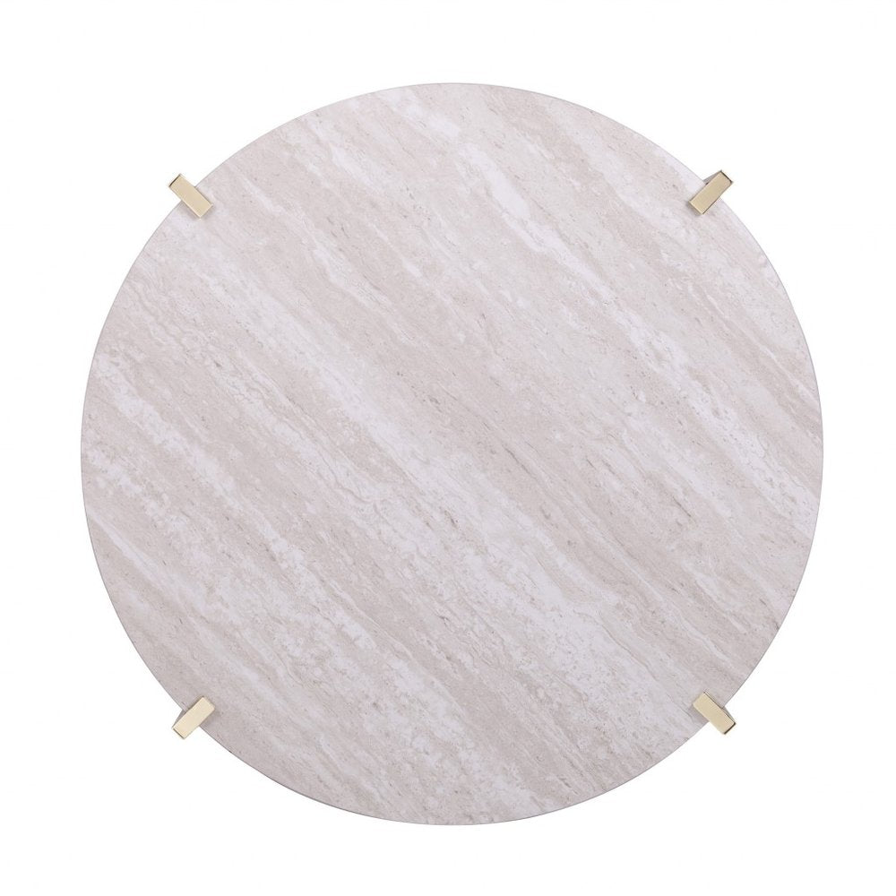 33" Brass Solid Manufactured Wood And Metal Round Coffee Table