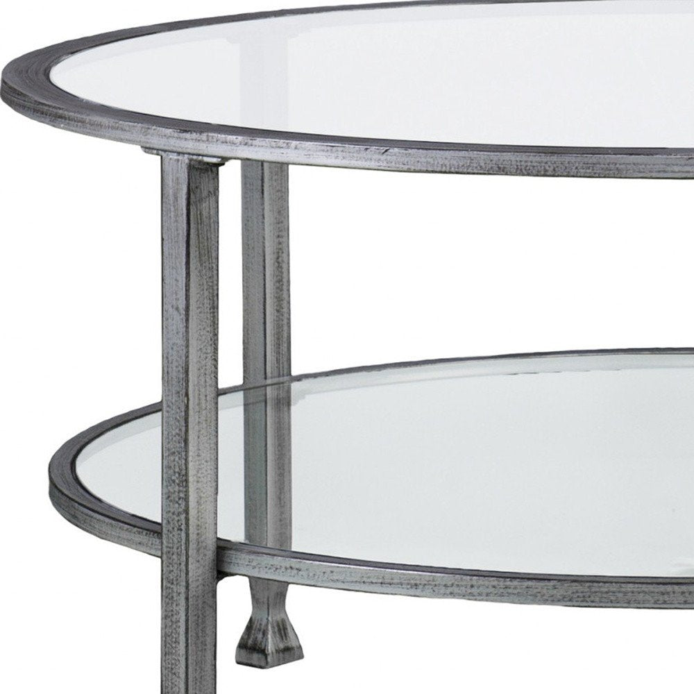 36" Silver Glass And Metal Round Coffee Table