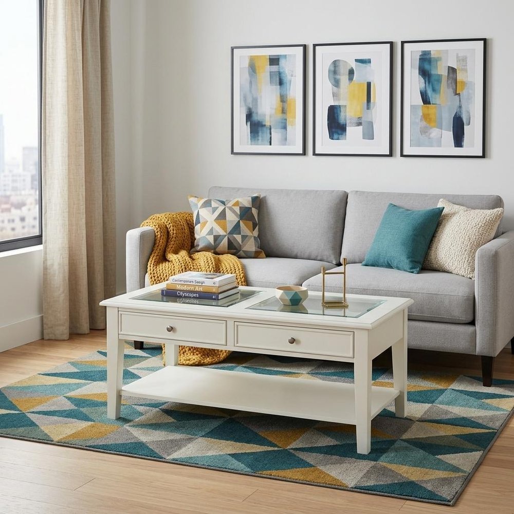 44" Off And White And Off-White Glass And Metal Rectangular Coffee Table