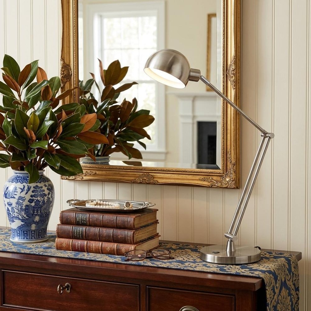 18" Nickel Metal Adjustable Swing Arm LED Desk Lamp With USB