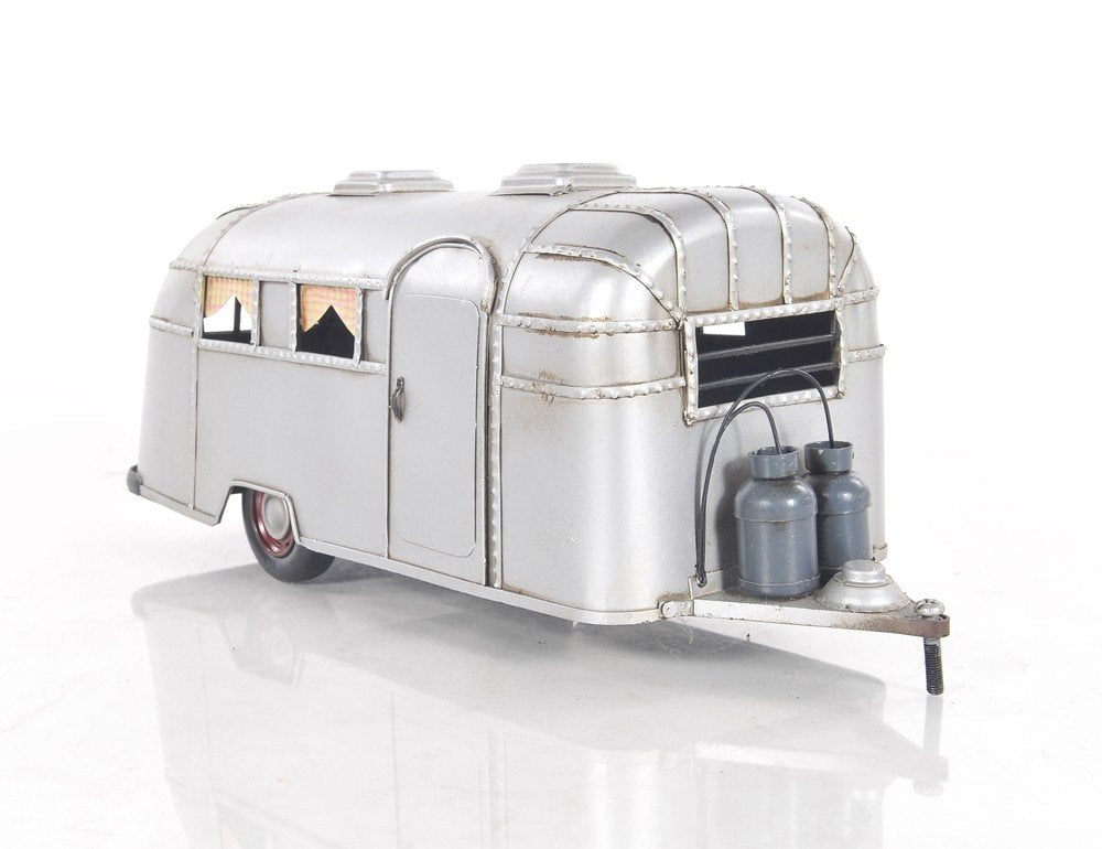 6" Silver Metal Hand Painted Silver Camping Trailer Model Car