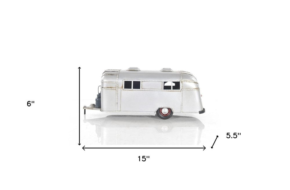 6" Silver Metal Hand Painted Silver Camping Trailer Model Car