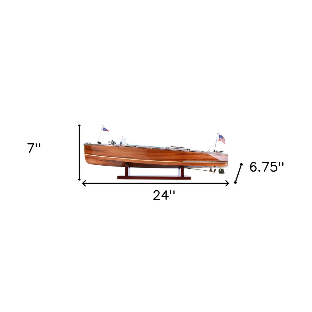 7" Wood Brown Solid Wood Hand Painted c1928 Chris Craft Triple Cockpit Medium Model Boat
