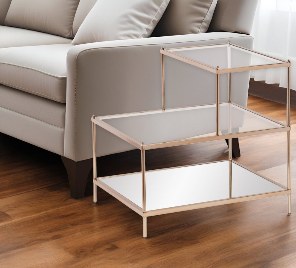 24" Gold And Clear Glass Tiered Rectangular End Table