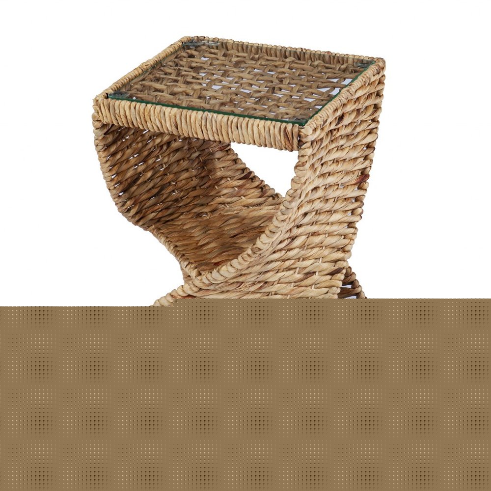 23" Brown And Natural Rattan Swirl Glass Top Square End Table