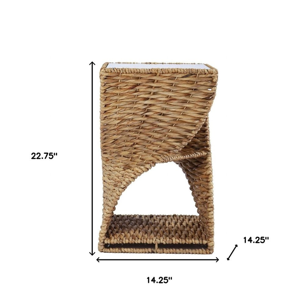 23" Brown And Natural Rattan Swirl Glass Top Square End Table