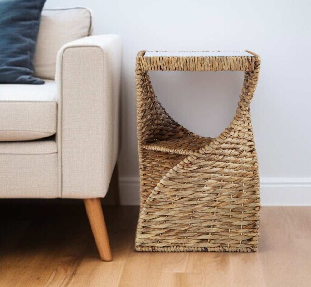 23" Brown And Natural Rattan Swirl Glass Top Square End Table