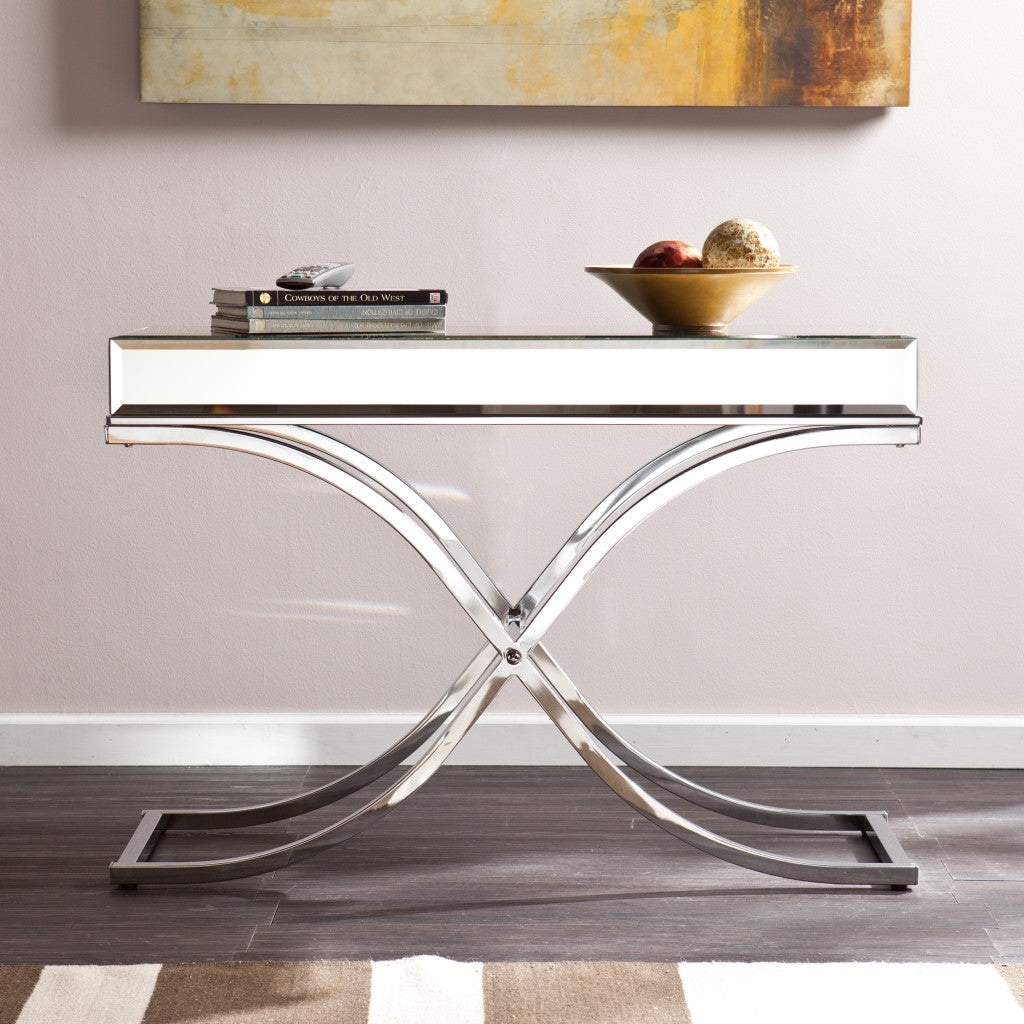 42" Silver Mirrored Glass and Metal Cross Leg Console Table