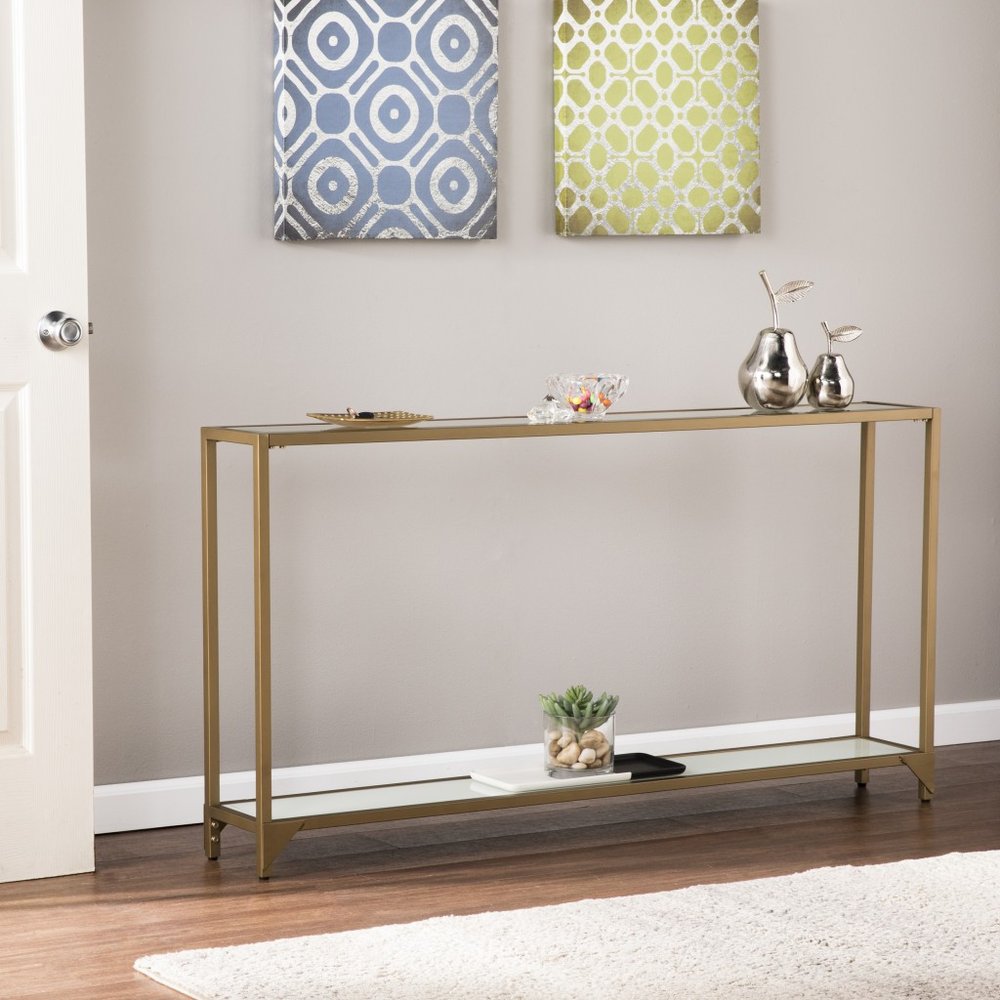 56" Clear and Gold Glass Mirrored Frame Console Table With Shelves
