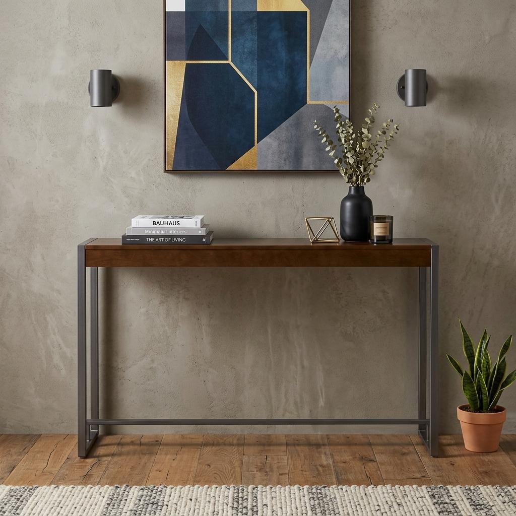 54" Dark Brown and Gunmetal Wood and Metal Sled Console Table