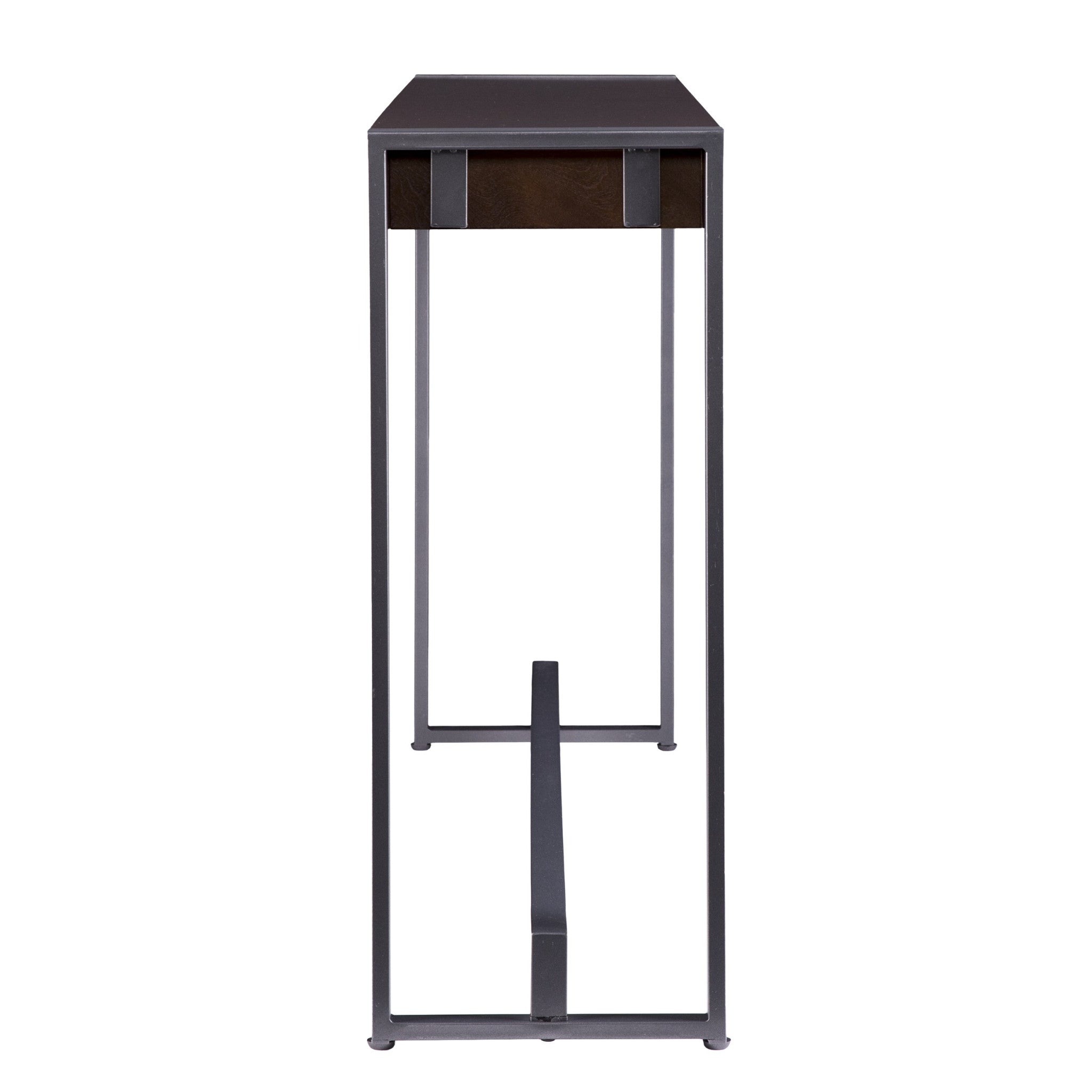 54" Dark Brown and Gunmetal Wood and Metal Sled Console Table