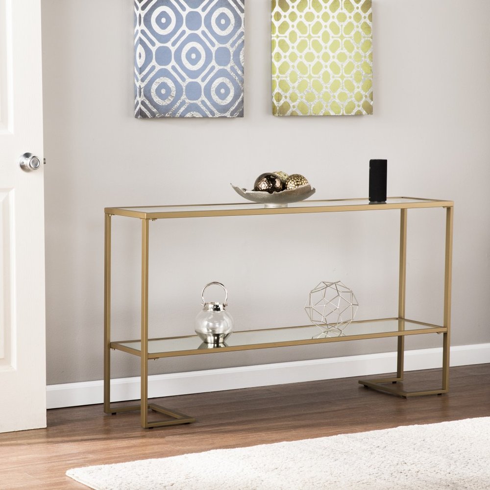 52" Clear and Gold Mirrored Glass and Metal Sled Console Table With Shelf