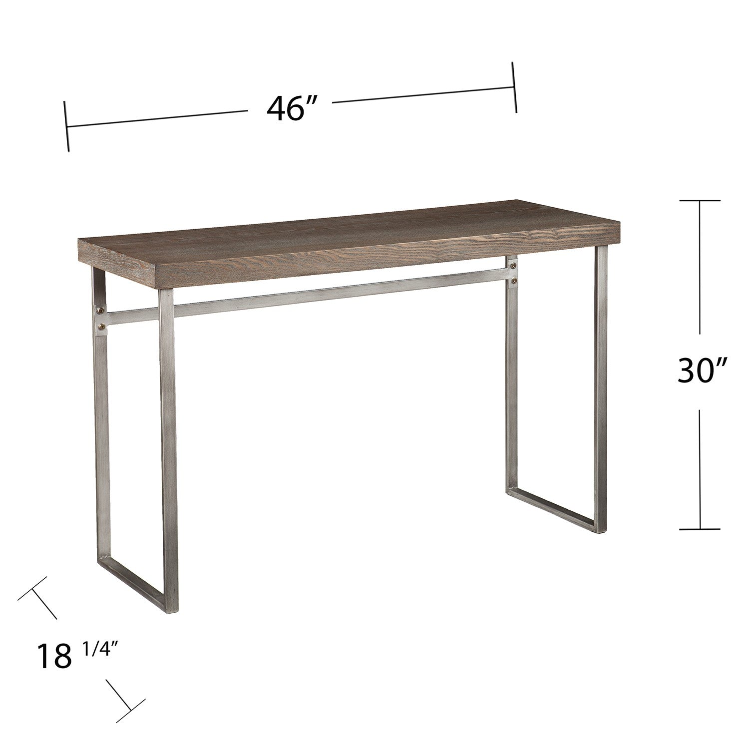 46" Gray Brown and Silver Distressed Sled Console Table
