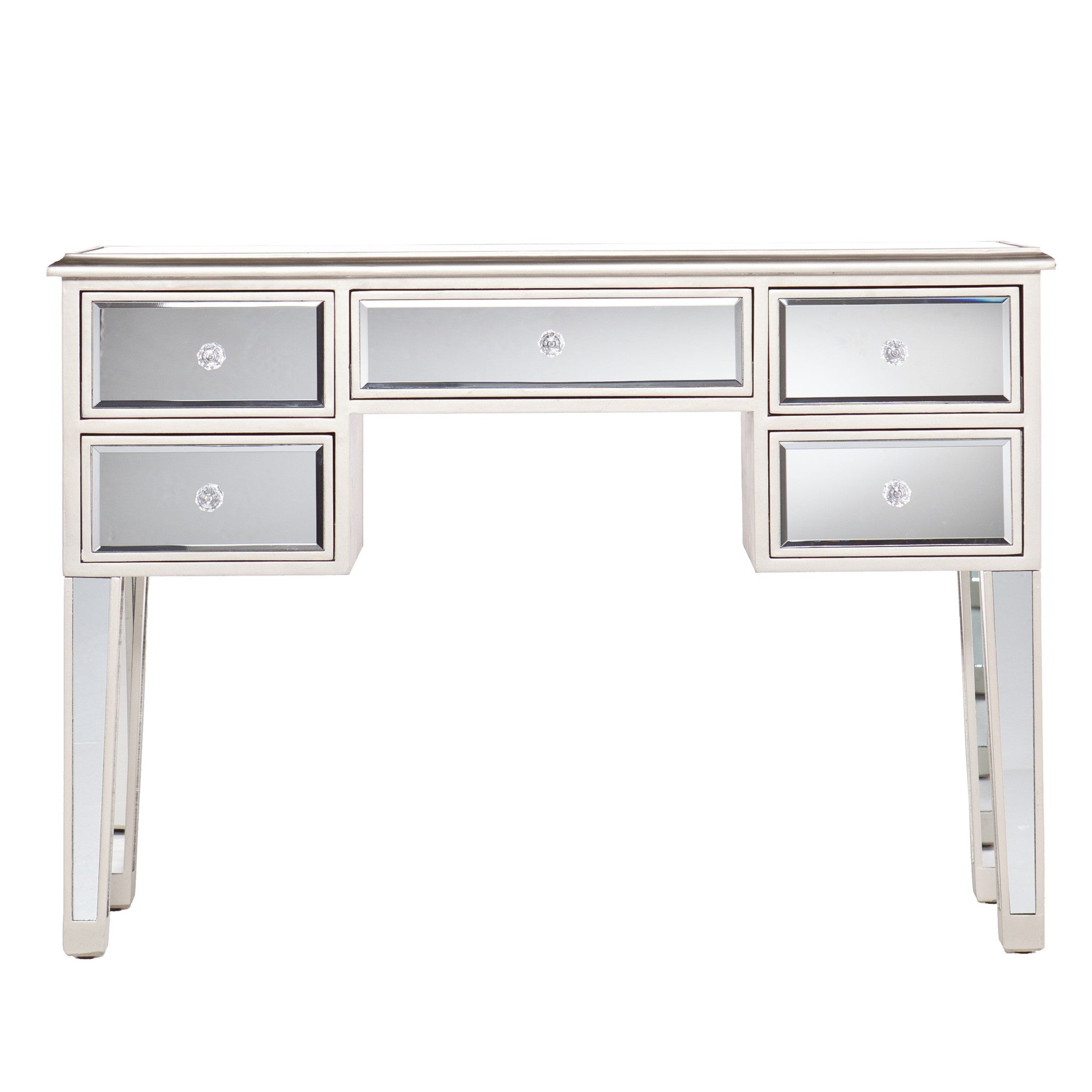 43" Silver Mirrored Glass and Solid Wood Console Table With Five Drawers