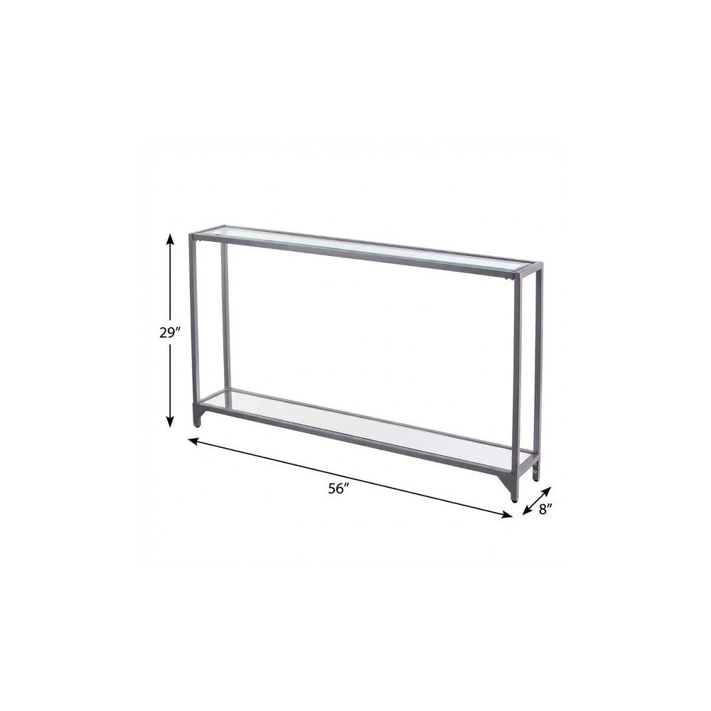 56" Clear and Silver Glass Mirrored Floor Shelf Console Table With Storage
