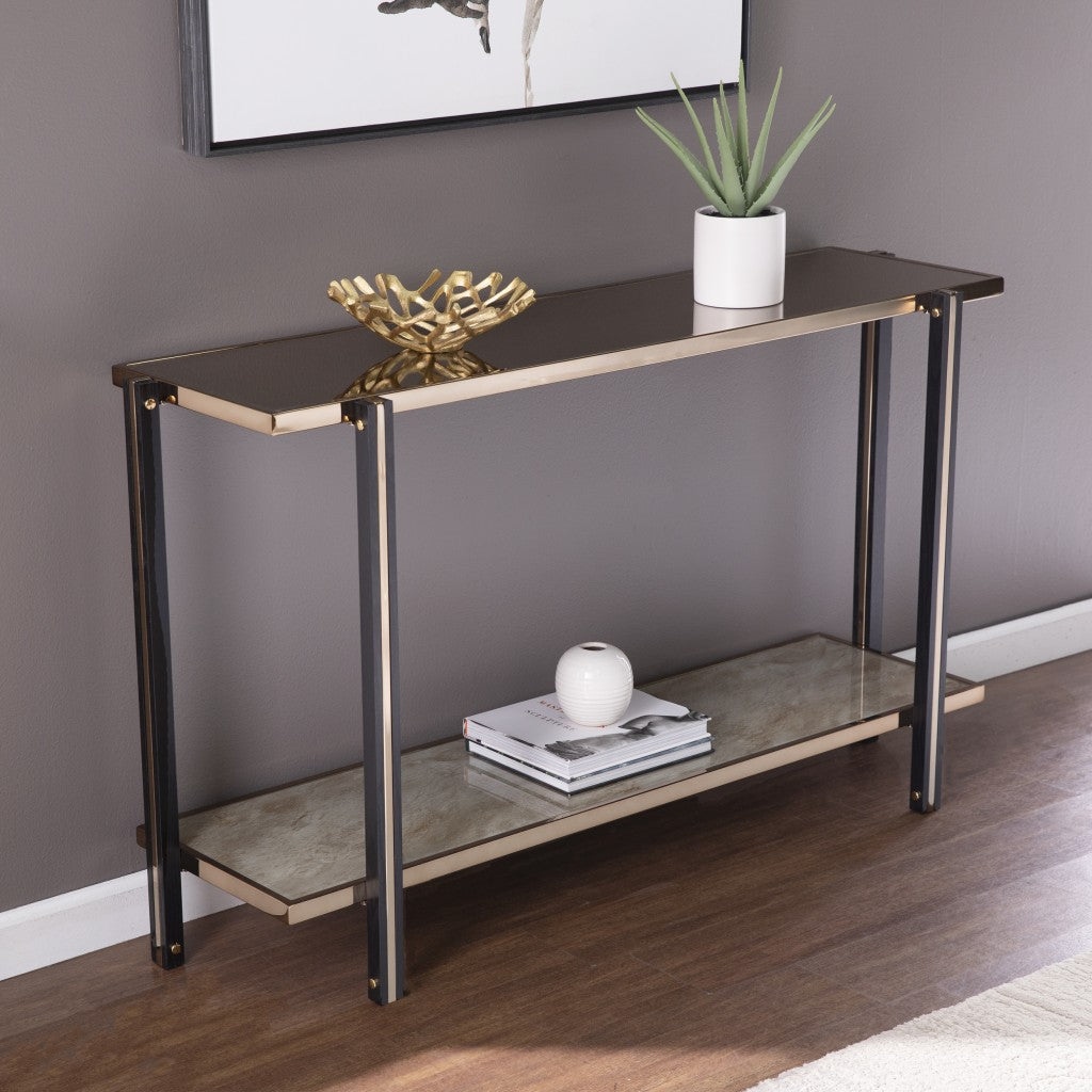 50" Smoky Black and Champagne Glass Mirrored Floor Shelf Console Table With Storage