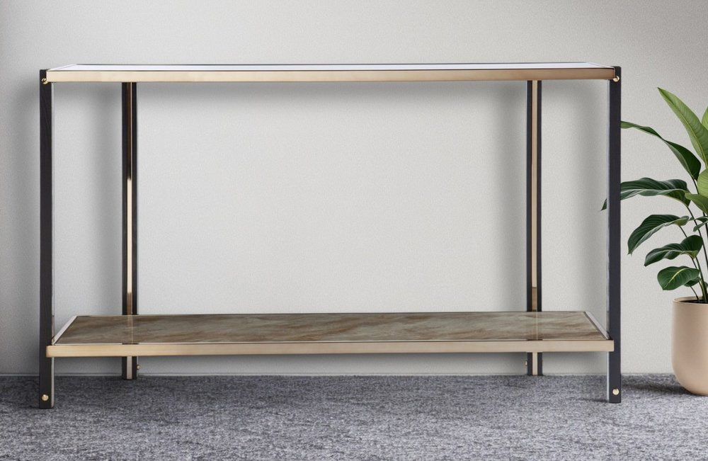 50" Smoky Black and Champagne Mirrored Glass Console Table With Shelf