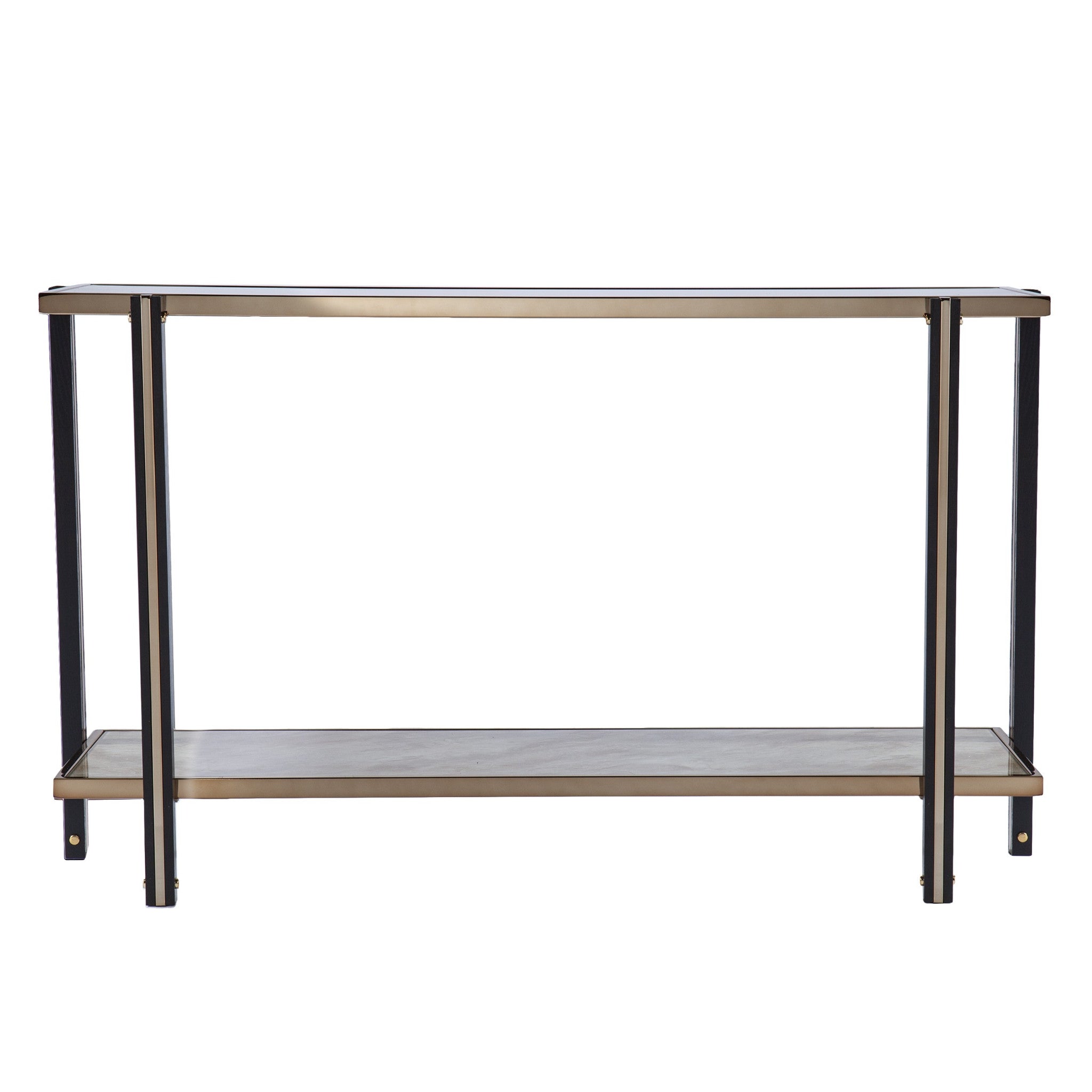 50" Smoky Black and Champagne Glass Mirrored Floor Shelf Console Table With Storage