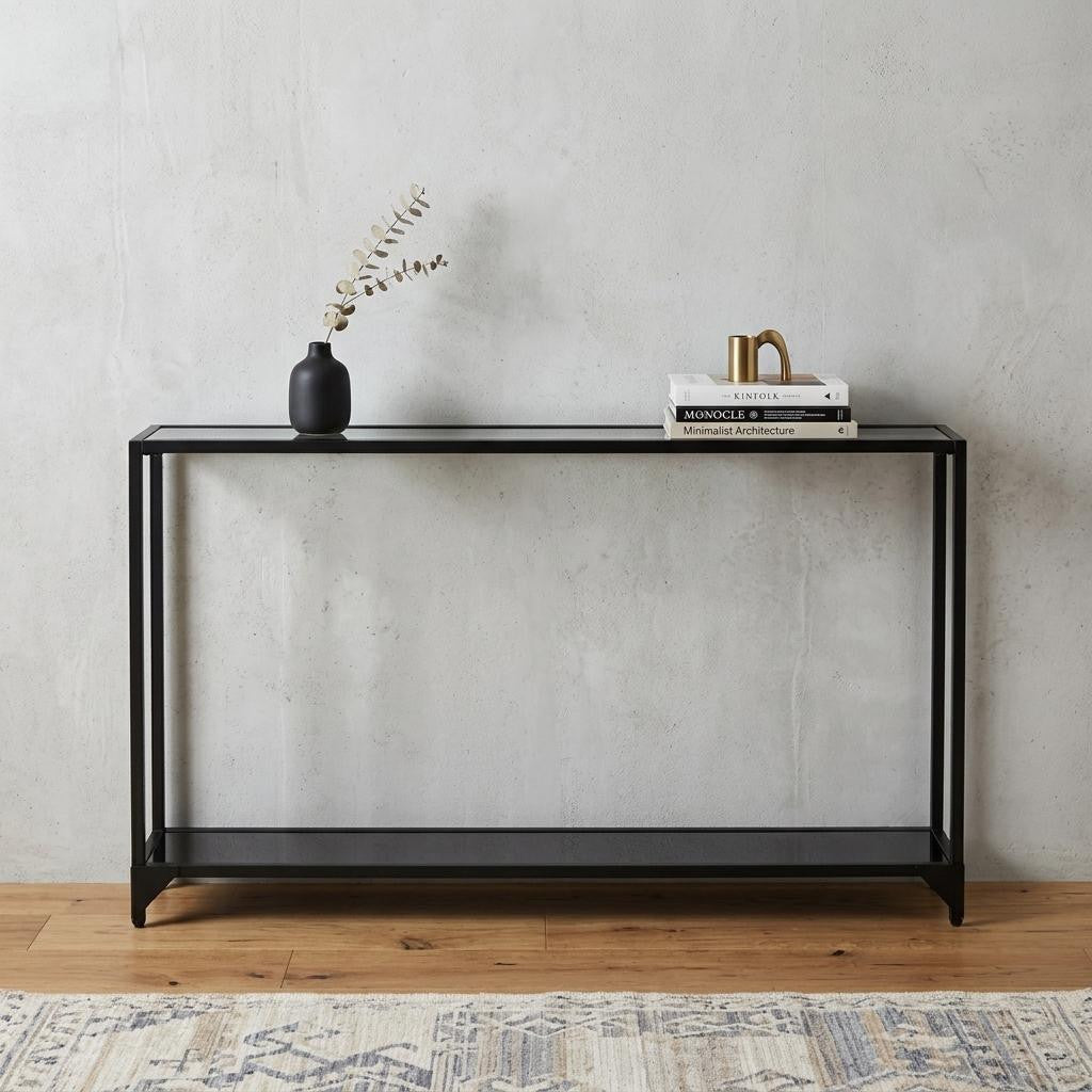 56" Clear and Black Glass Frame Console Table With Shelves