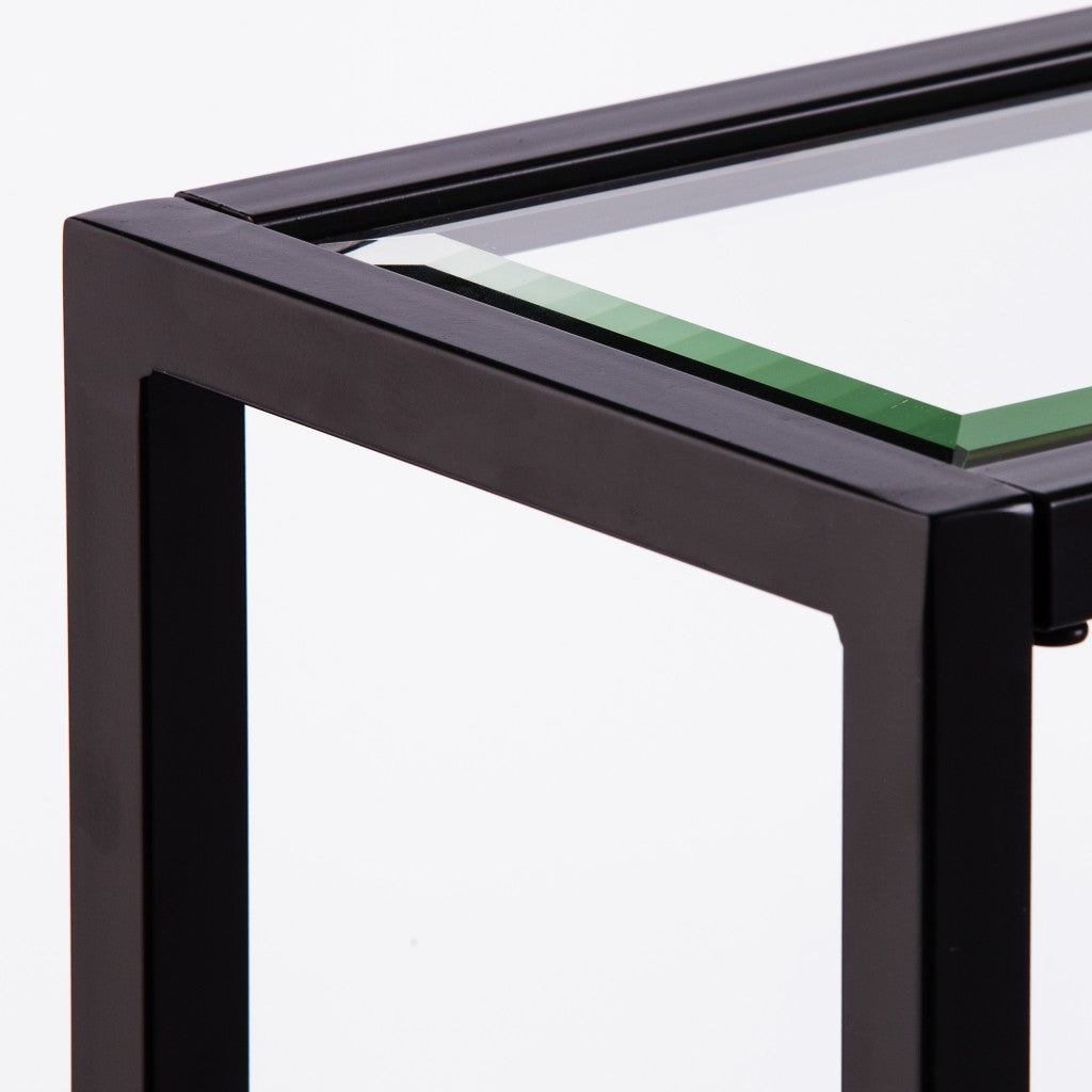 56" Clear and Black Glass Frame Console Table With Shelves