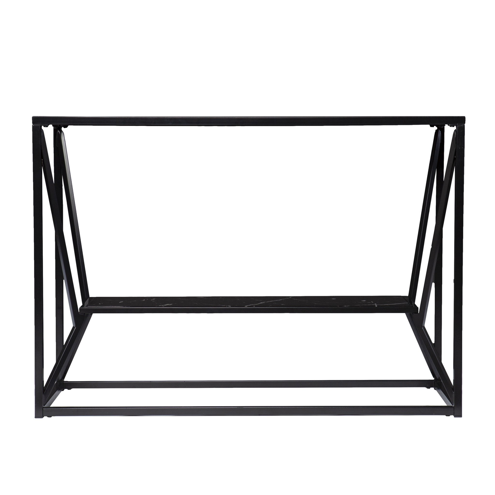 42" Black Glass and Metal A Frame Console Table With Shelf