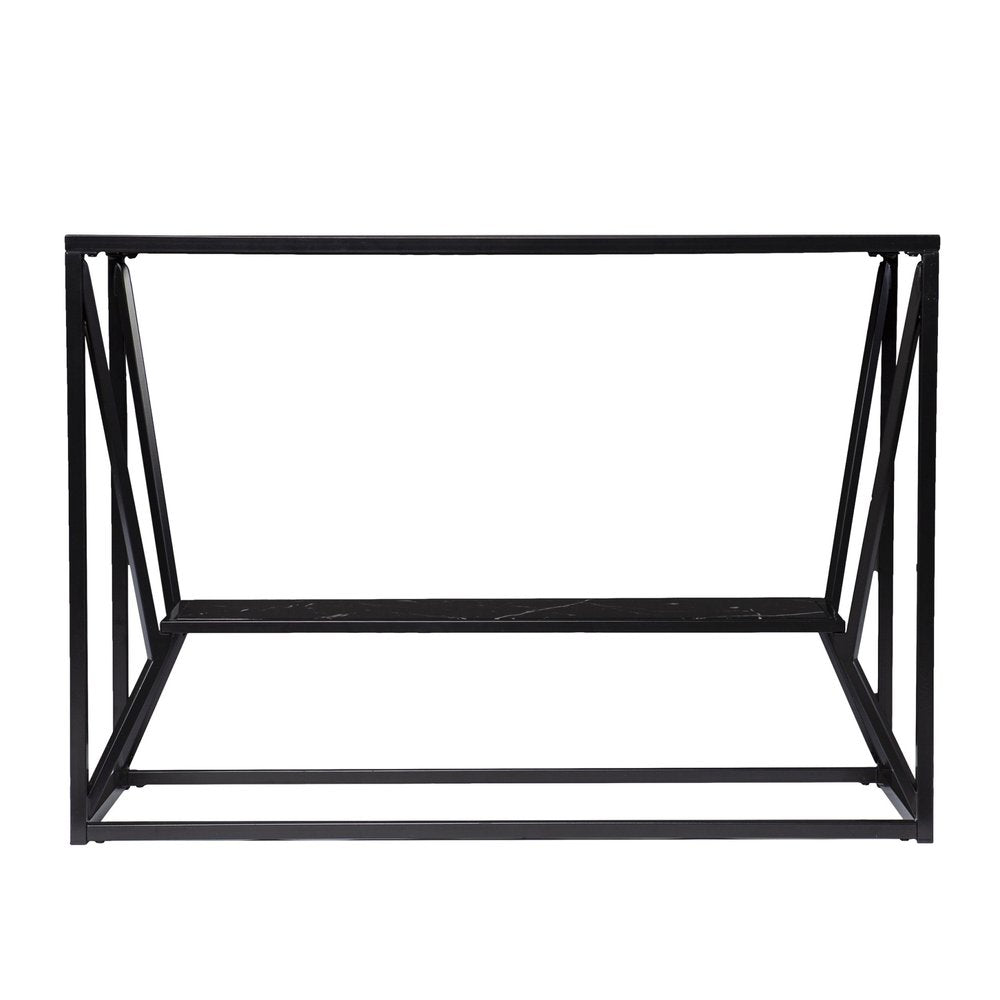 42" Black Glass and Metal A Frame Console Table With Shelf