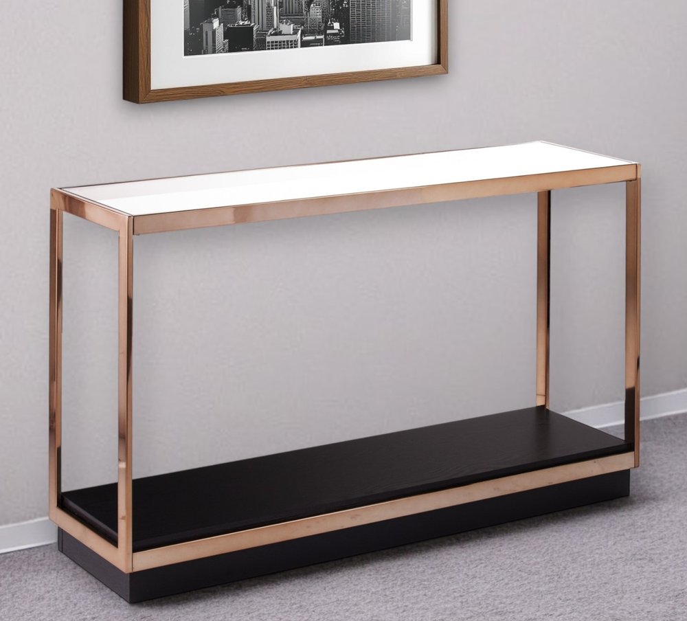 48" Clear Black and Champagne Glass Floor Shelf Console Table With Shelf