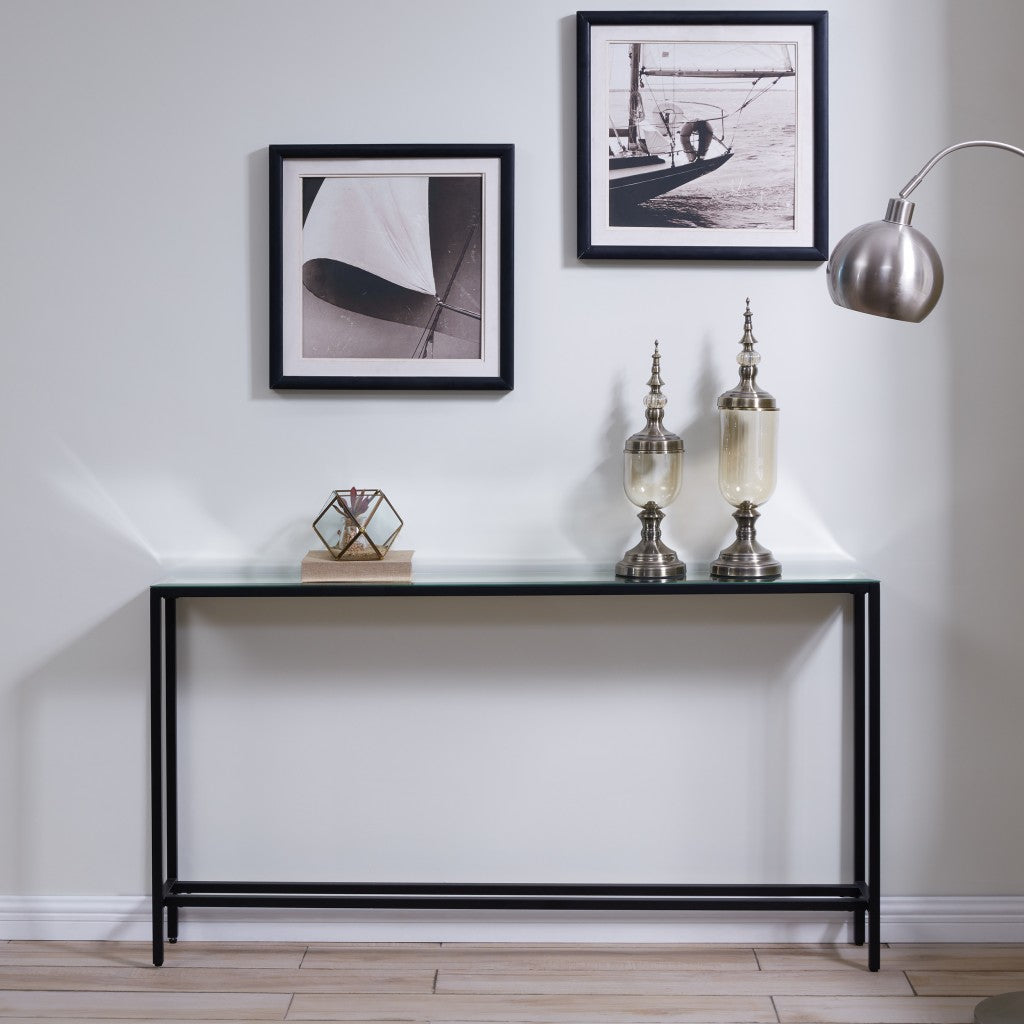 56" Black and Gunmetal Mirrored Glass Console Table