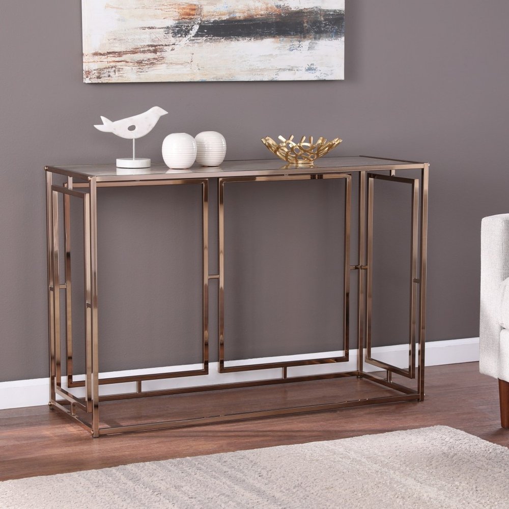 44" Champagne and Gold Faux Marble and Metal Frame Console Table