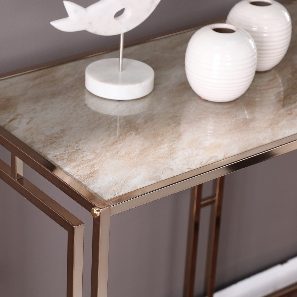 44" Champagne and Gold Faux Marble Frame Console Table