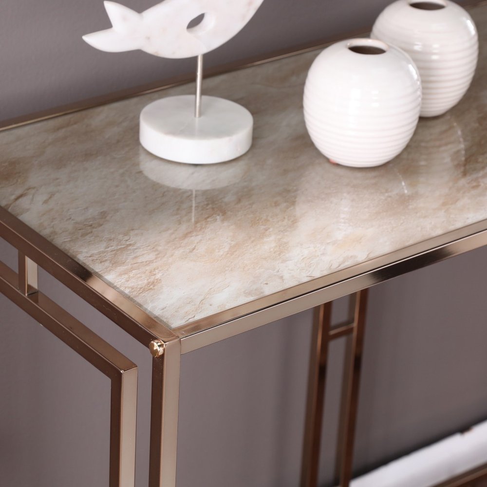 44" Champagne and Gold Faux Marble and Metal Frame Console Table