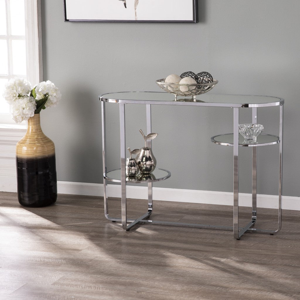 42" Clear and Silver Mirrored Glass Oval Frame Console Table With Storage