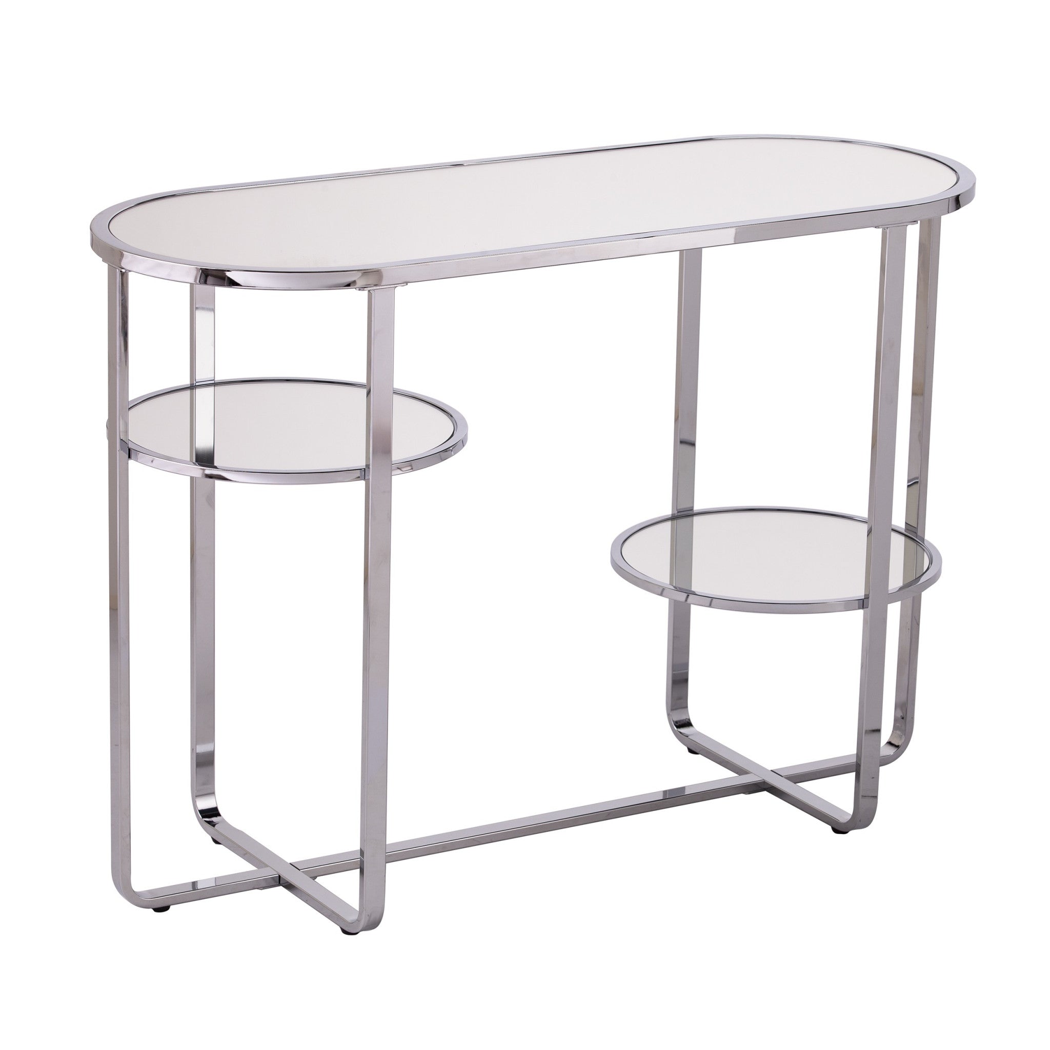 42" Silver Mirrored Glass and Iron Oval Cross Leg Console Table With Two Shelves