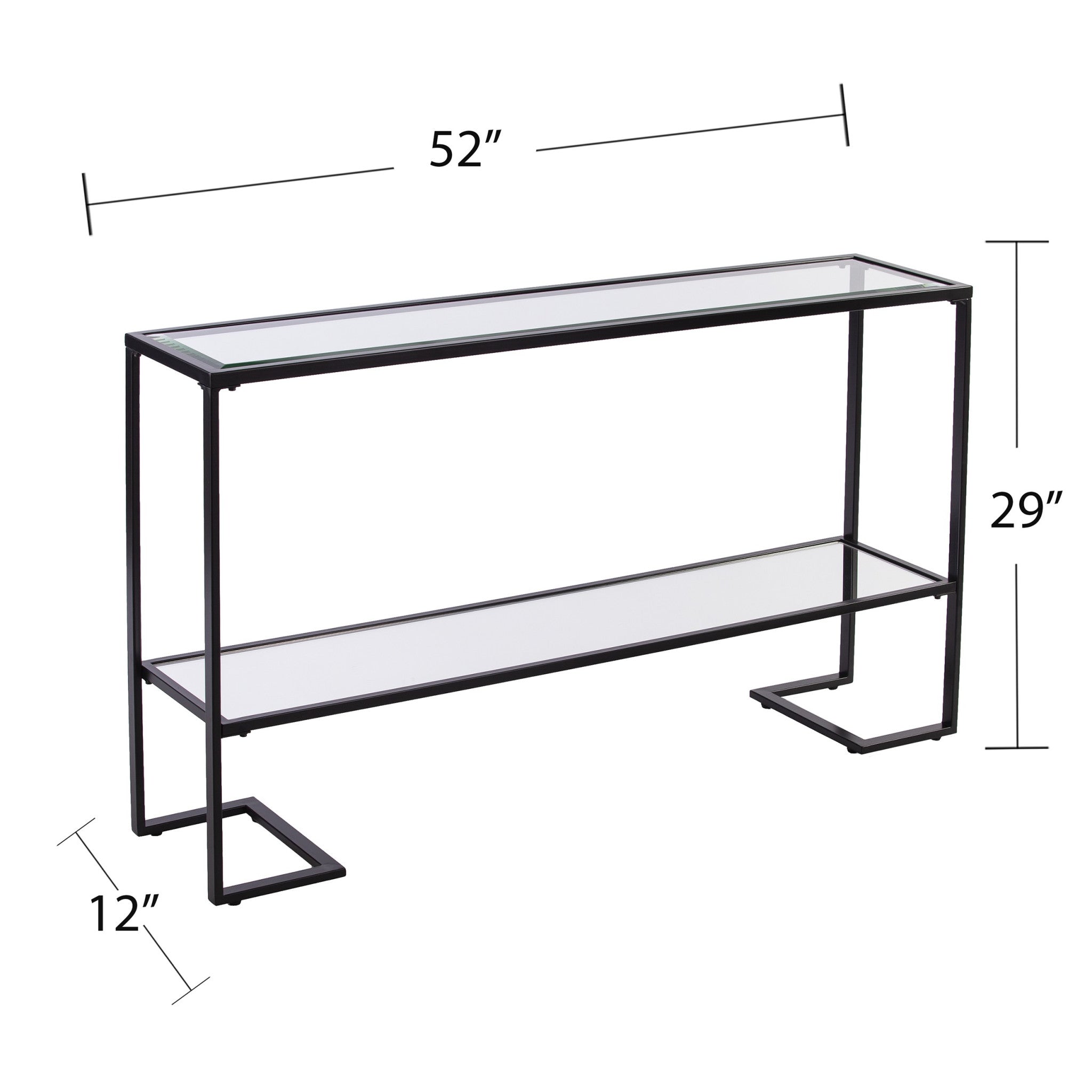52" Clear and Black Glass Mirrored Frame Console Table With Storage