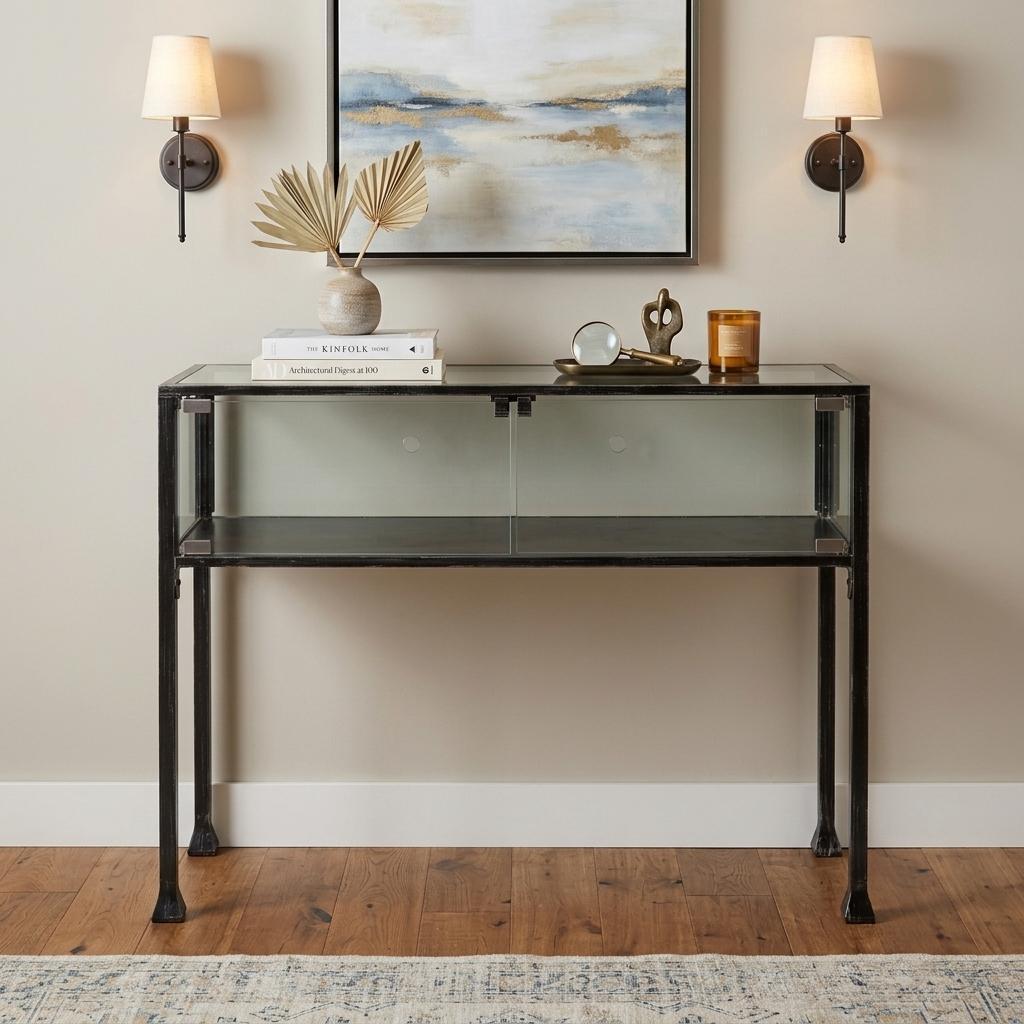 43" Clear and Black Glass Distressed Console Table With Storage
