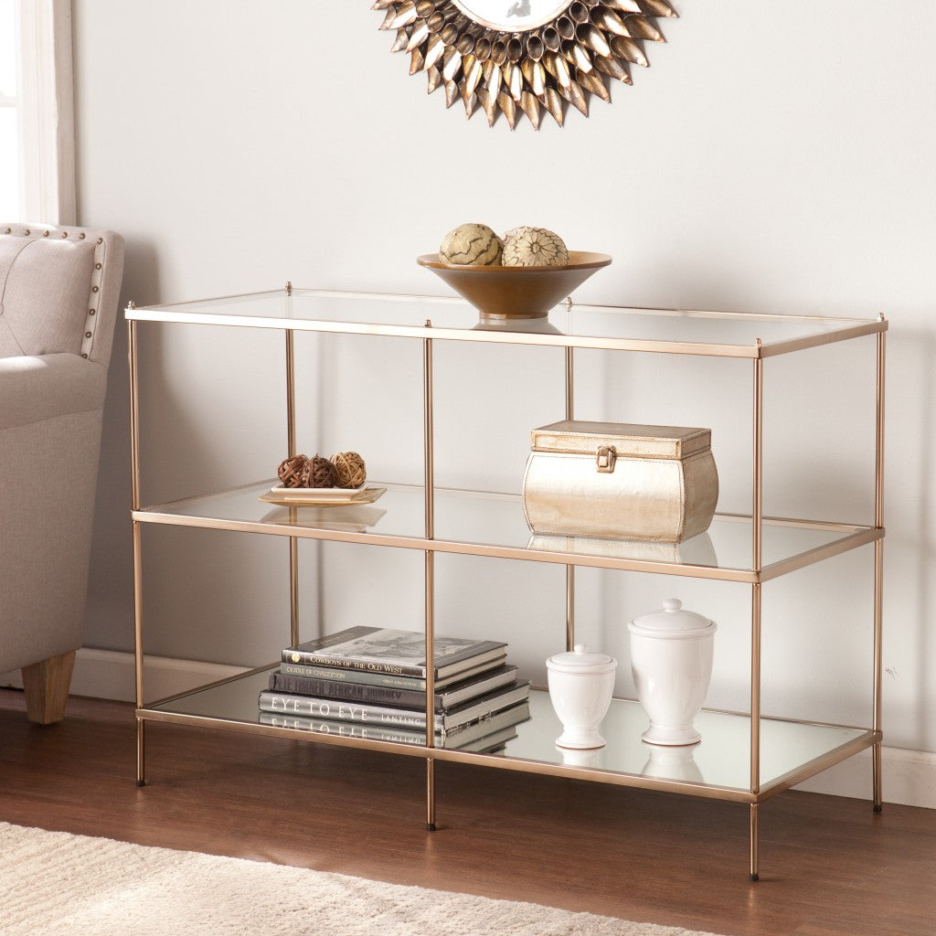 42" Clear and Gold Glass Mirrored Floor Shelf Console Table With Storage