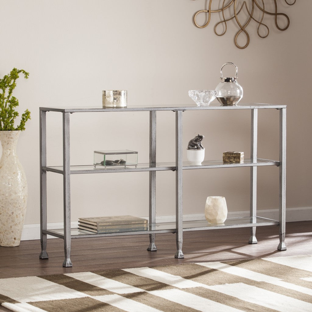 49" Clear and Silver Glass Distressed Floor Shelf Console Table With Storage