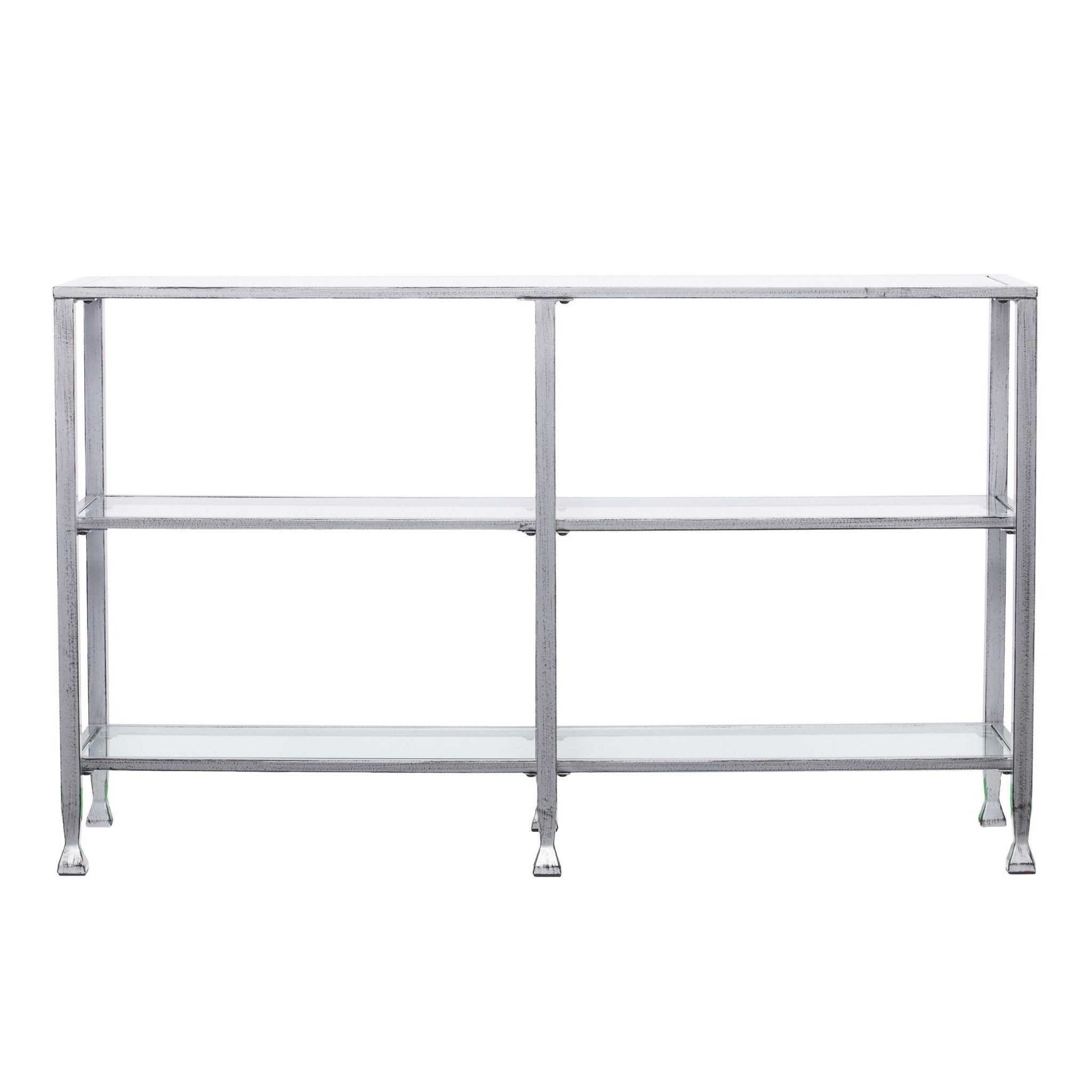 49" Clear and Silver Glass Distressed Floor Shelf Console Table With Storage