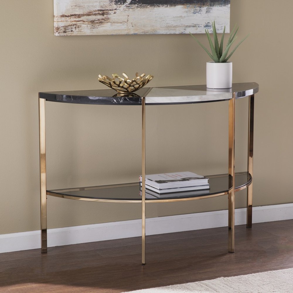 44" Black White and Champagne Faux Marble Half Moon Console Table With Shelves