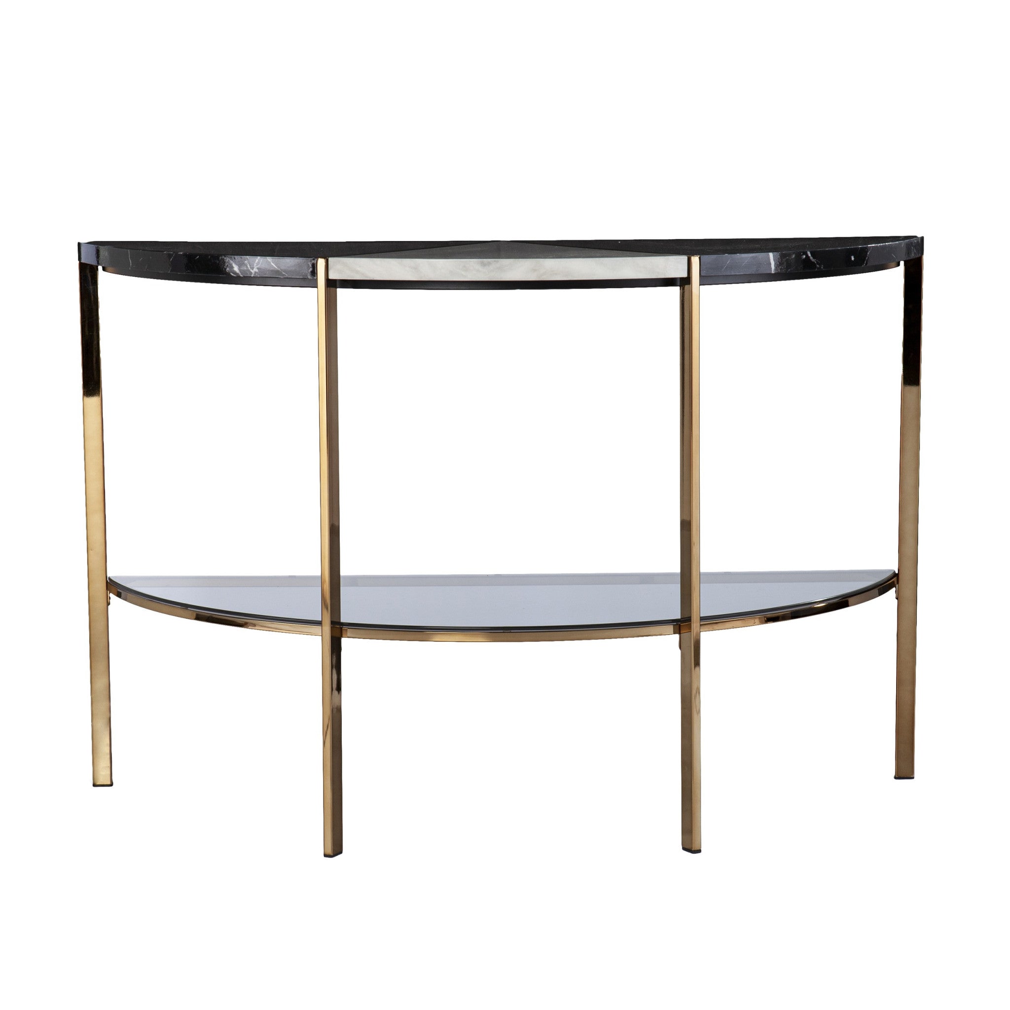 44" Black and White and Champagne Faux Marble Half Moon Console Table With Storage